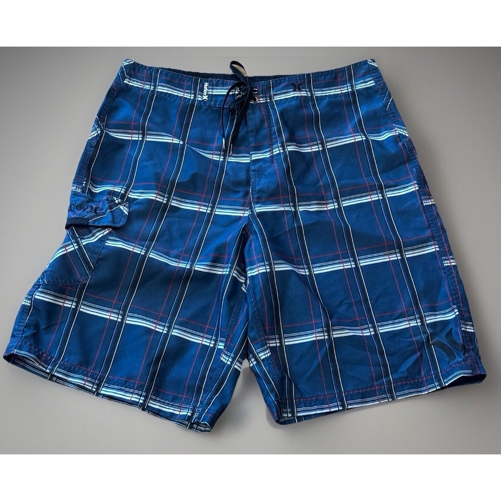 Hurley Board Shorts Men's Size 33 Blue Plaid Retro Surf Vaca